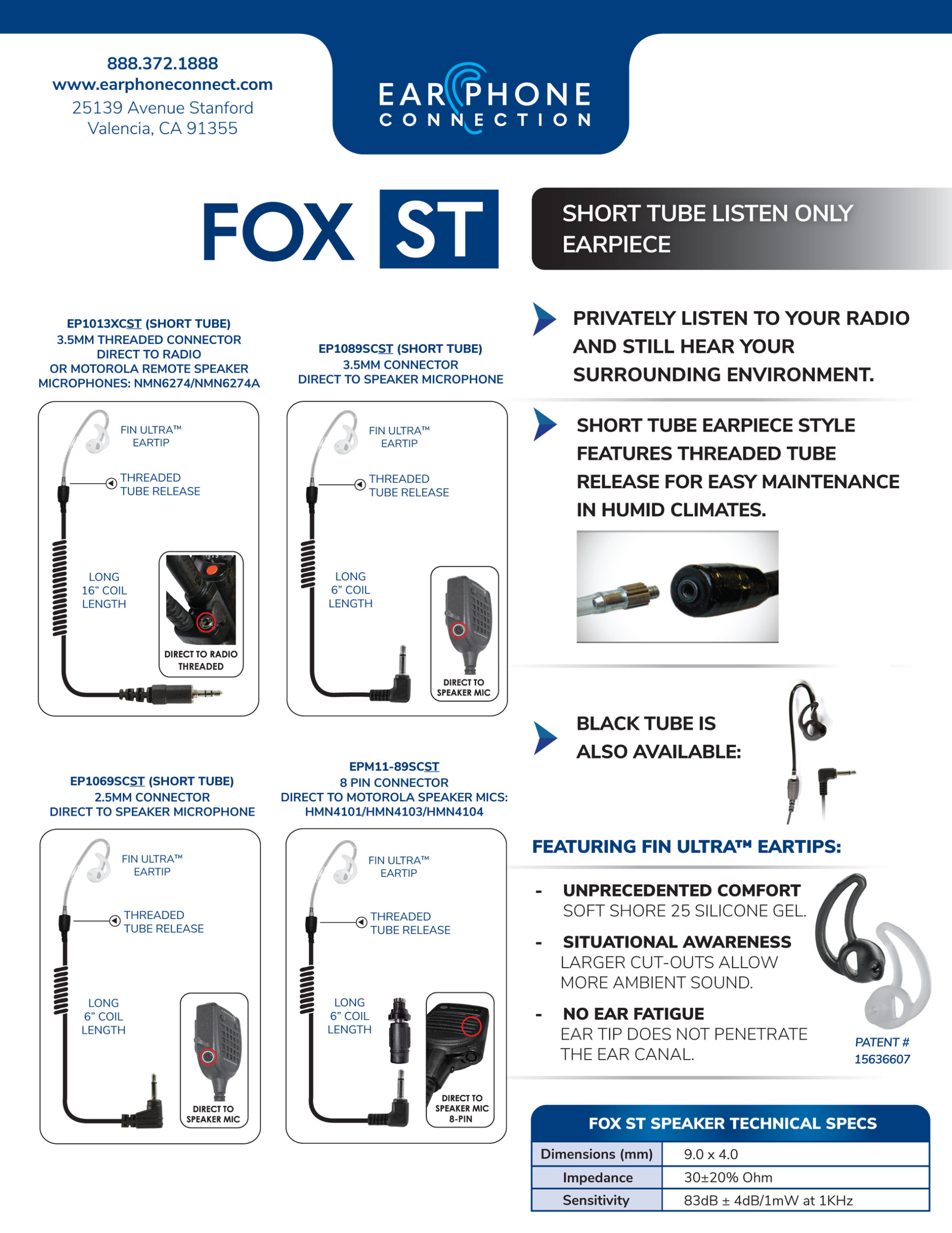 Fox ST Listen Only Short Tube Earpiece