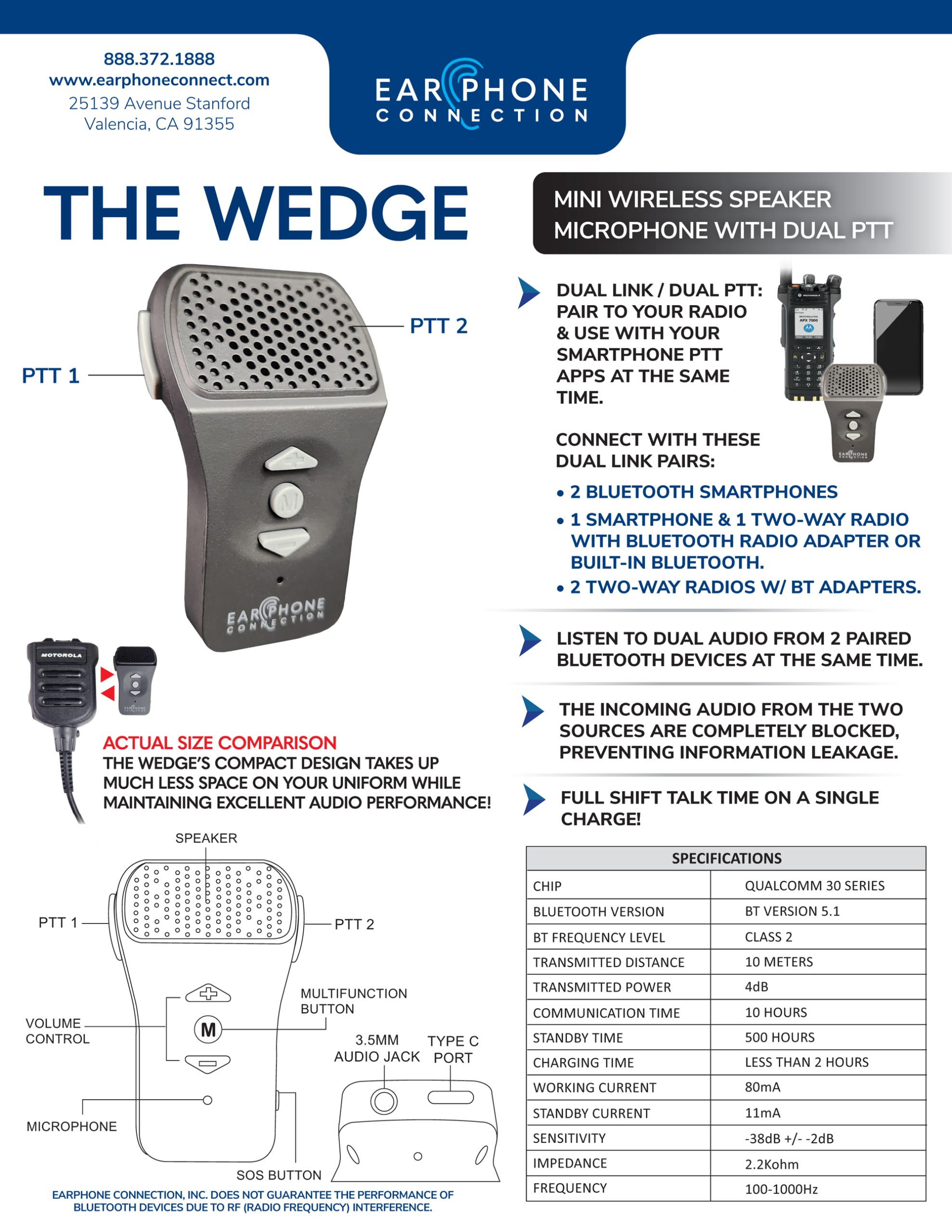 Wedge Mini Wireless Bluetooth Speaker Microphone